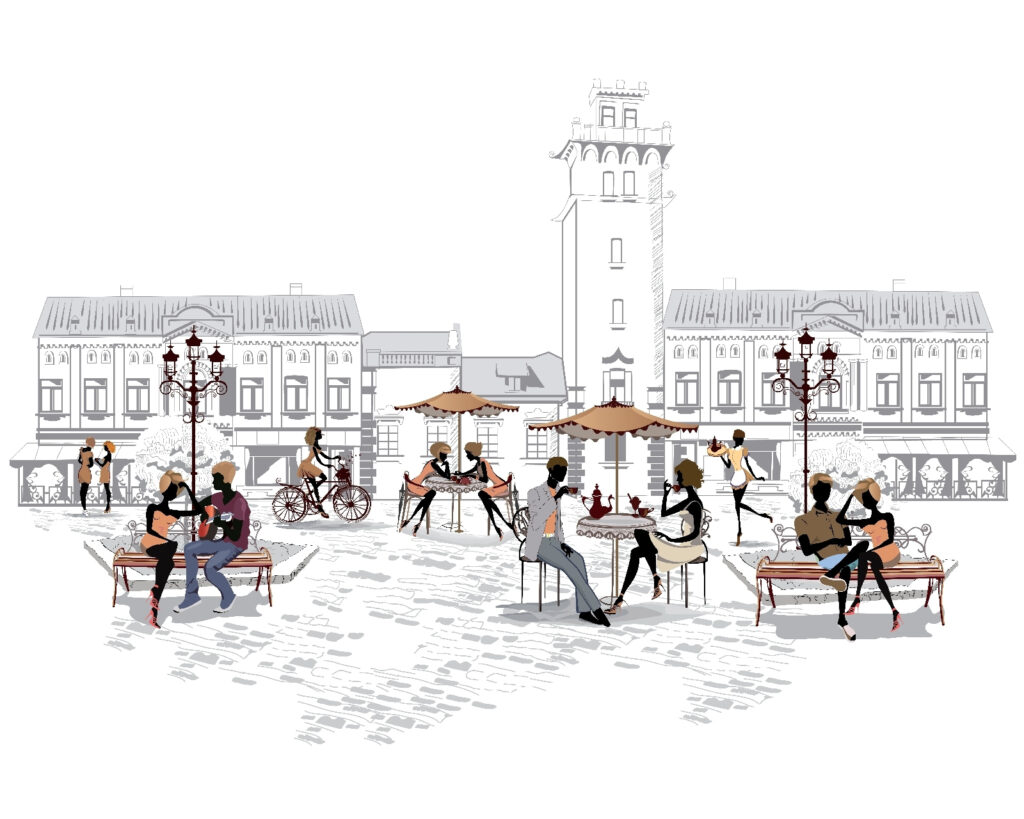 Figuras en la plaza — diseño completo