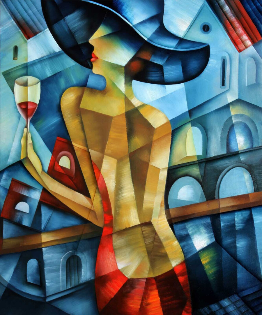 Mujer con copa — diseño completo