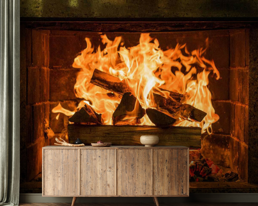 Fuego en chimenea oscura — interior 1