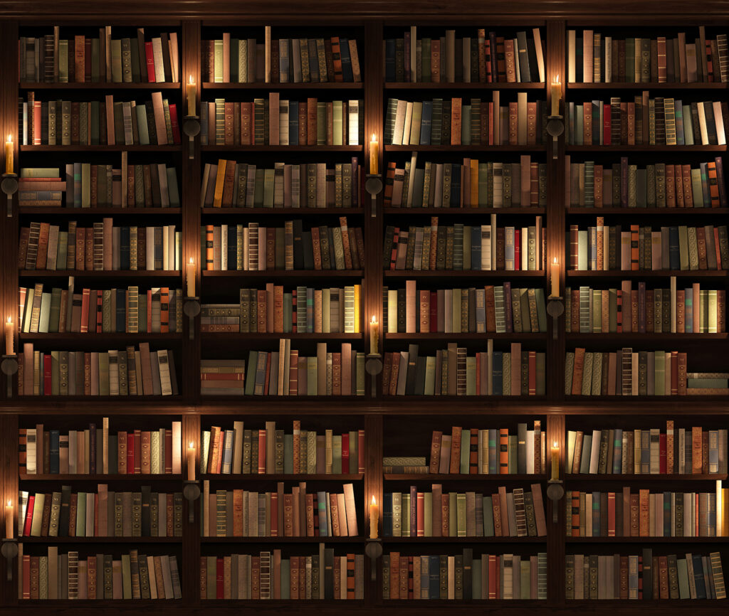 Biblioteca en sombra cálida — diseño completo