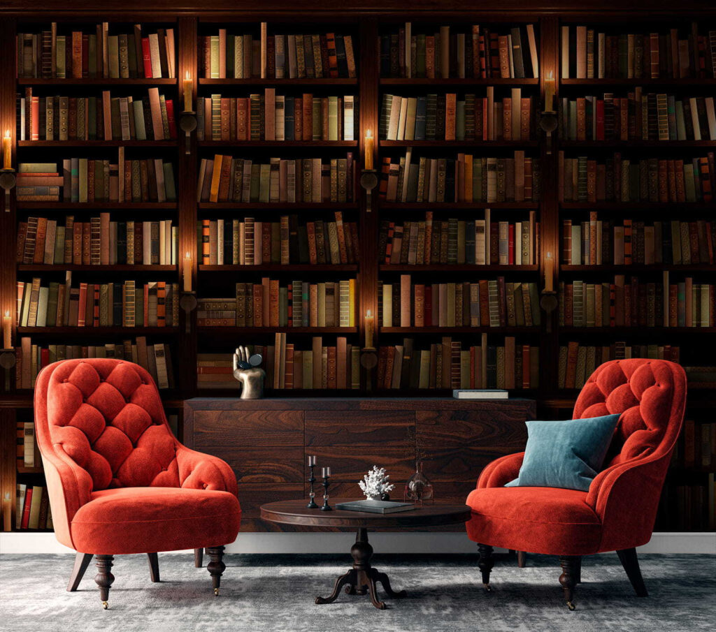 Biblioteca en sombra cálida en un interior