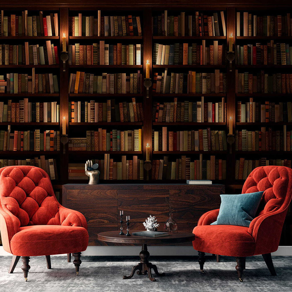 Biblioteca en sombra cálida — interior 4
