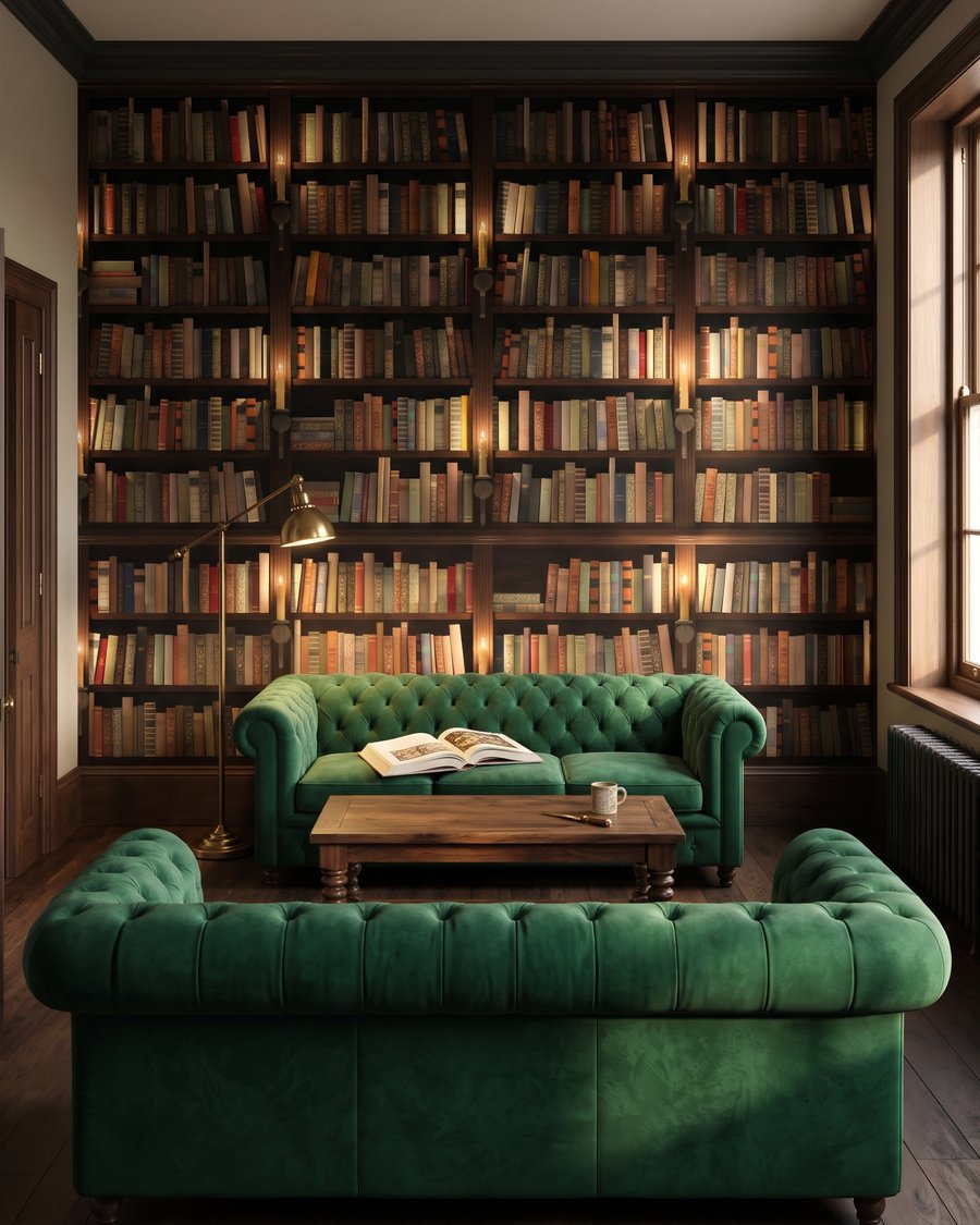 Biblioteca en sombra cálida en un interior