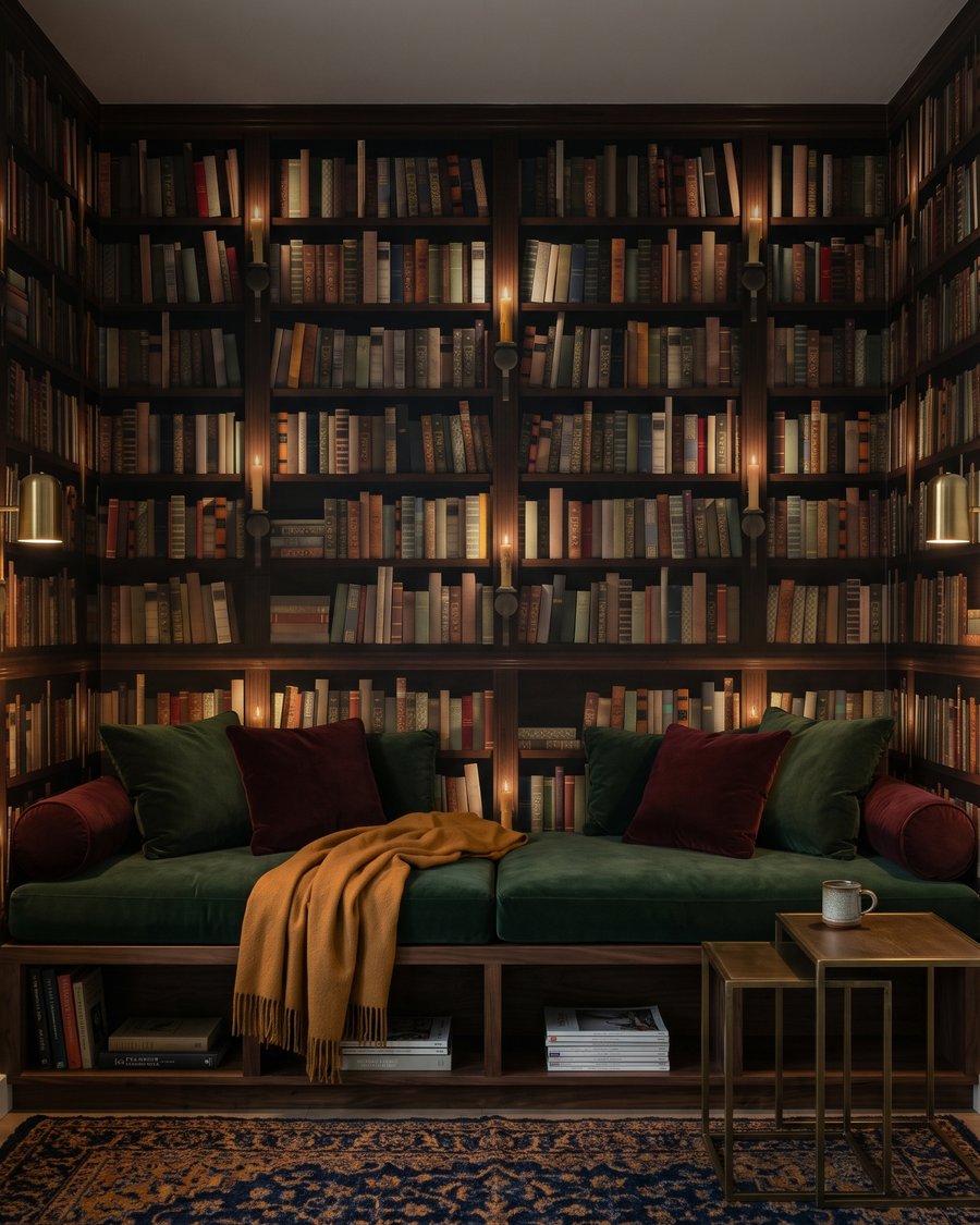 Biblioteca en sombra cálida en un interior