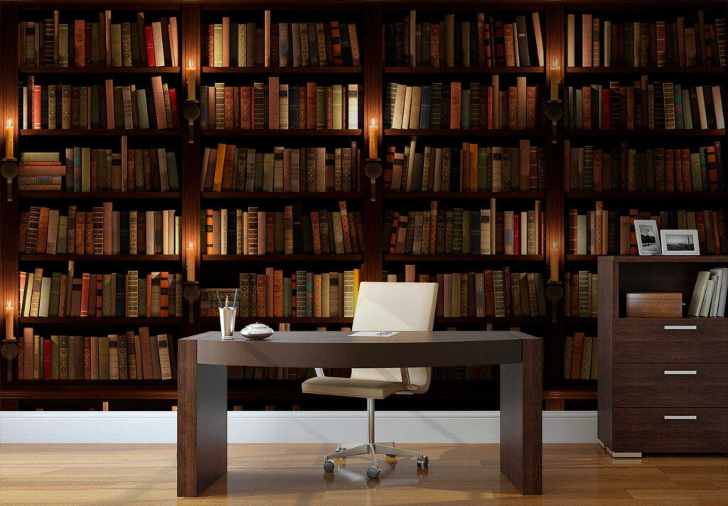 Biblioteca en sombra cálida — interior 3