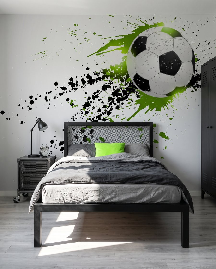 Fútbol entre salpicaduras verdes en un interior