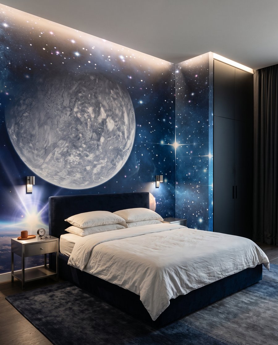 Luna y estrellas azules en un interior