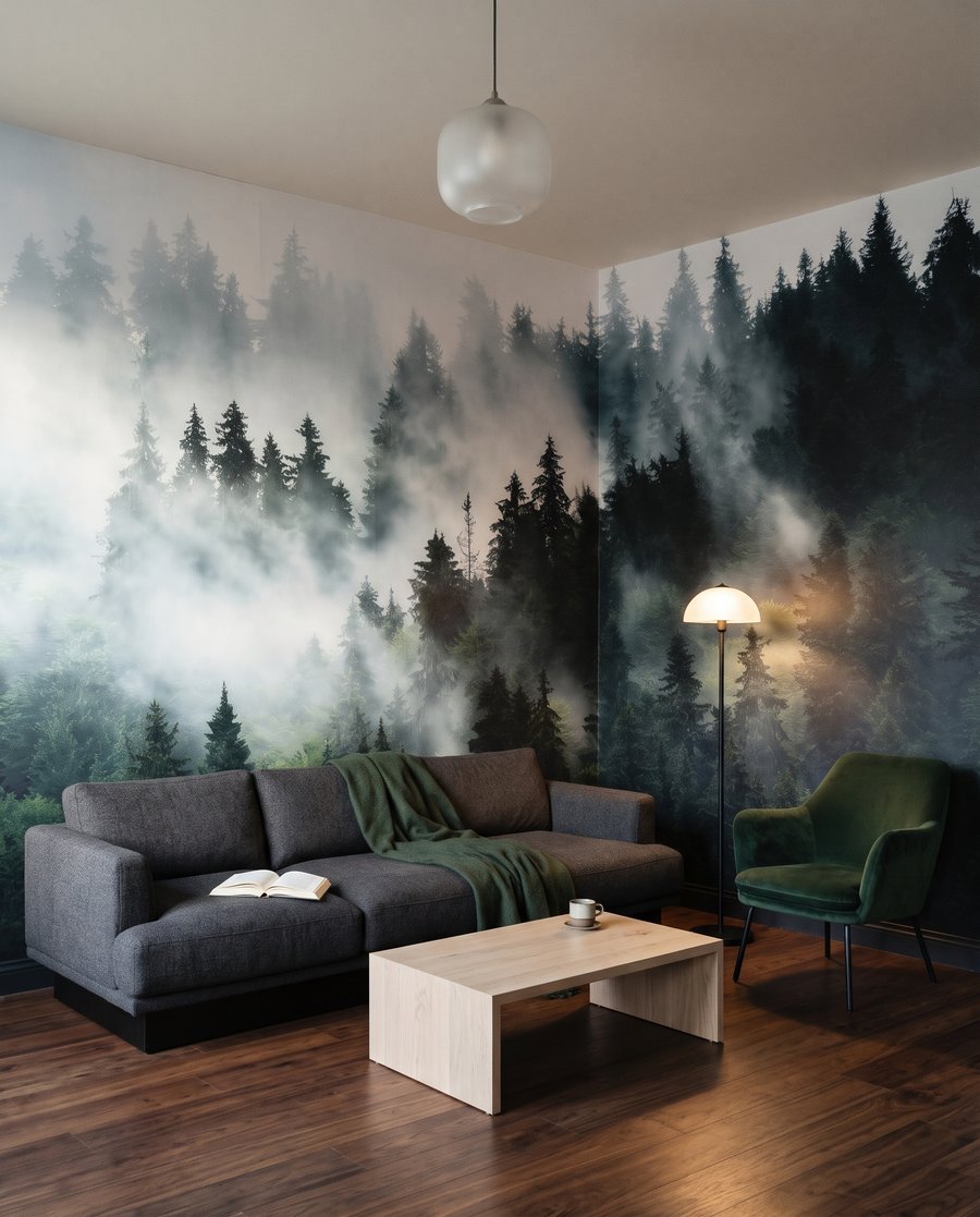 Niebla entre abetos oscuros en un interior