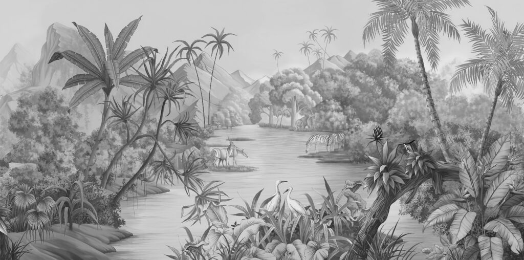 Río entre palmeras — diseño completo