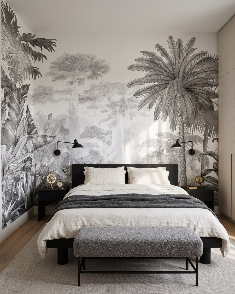 Palmera alta dibujada en un interior