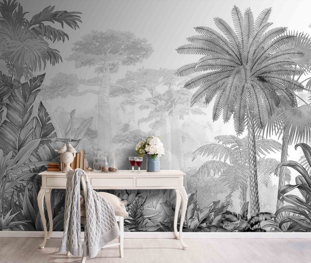 Palmera alta dibujada en un interior