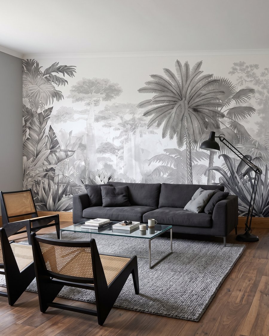 Palmera alta dibujada en un interior