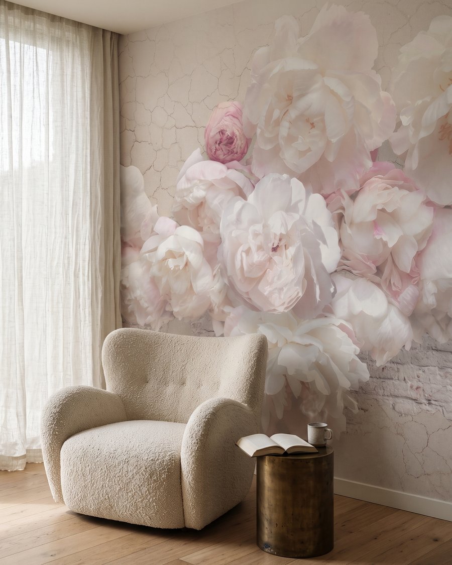 Rosas sobre blanco agrietado en un interior