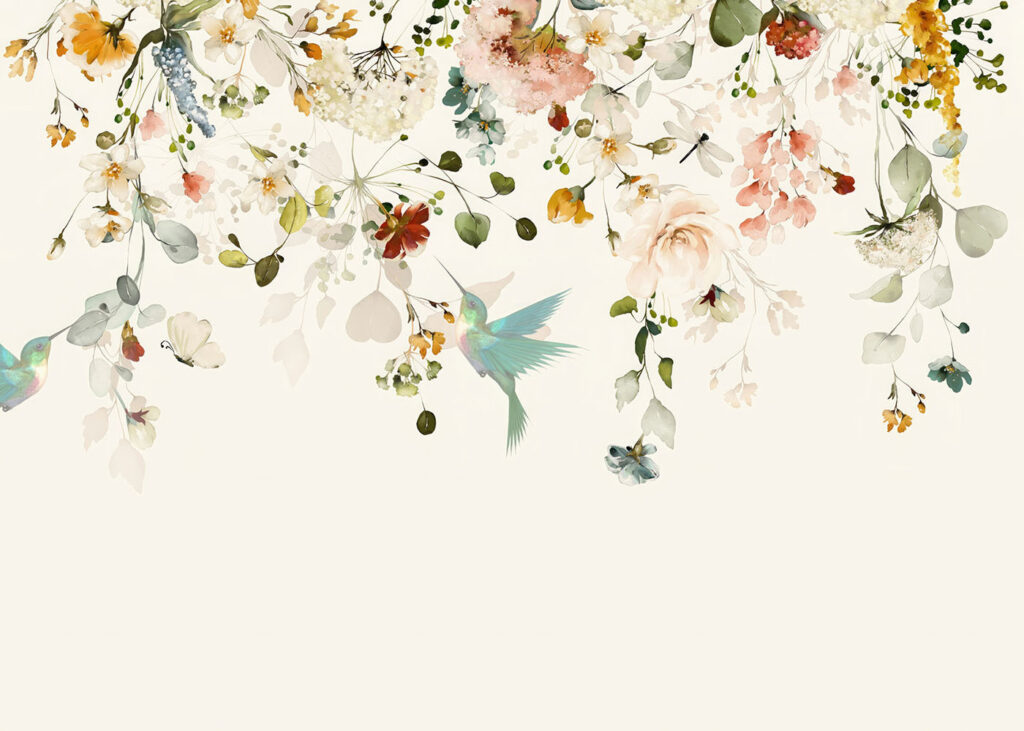 Borde floral con pájaros — diseño completo