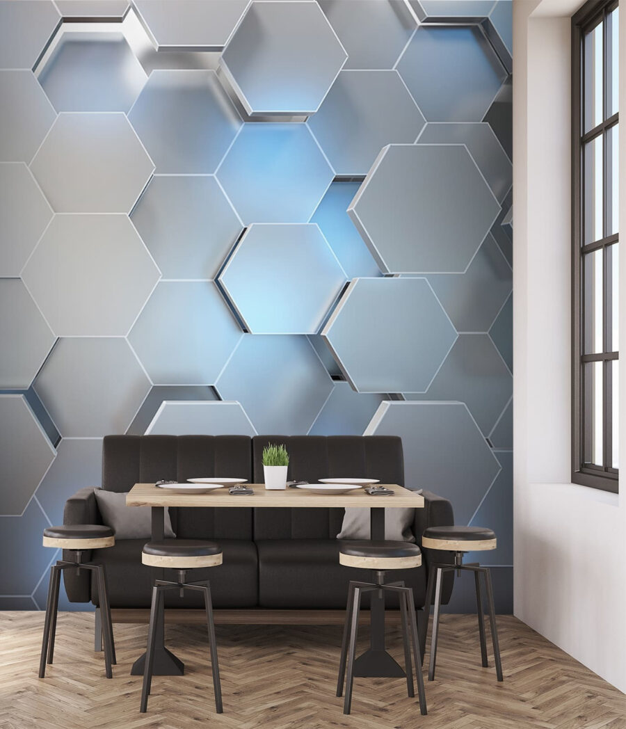 Hexágonos azul claro en un interior