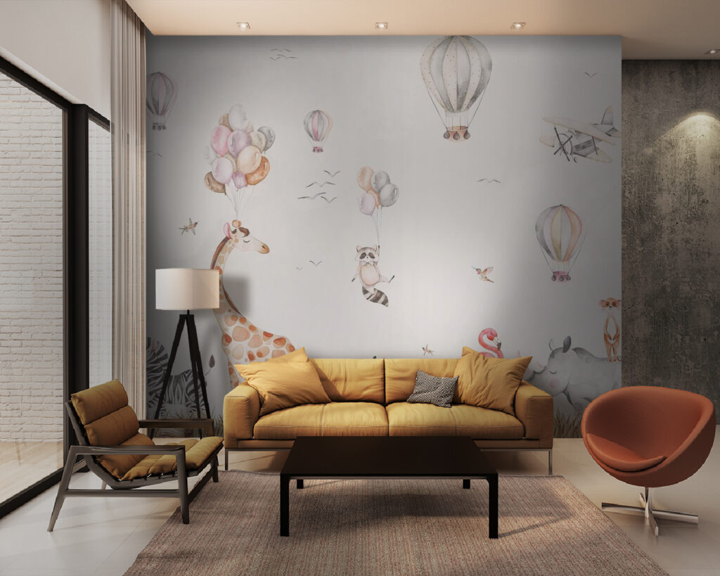 Animales bajo globos en un interior