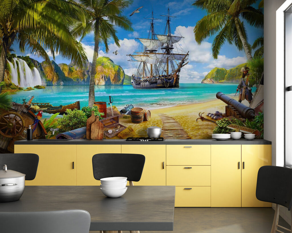 Barco pirata entre palmeras en un interior