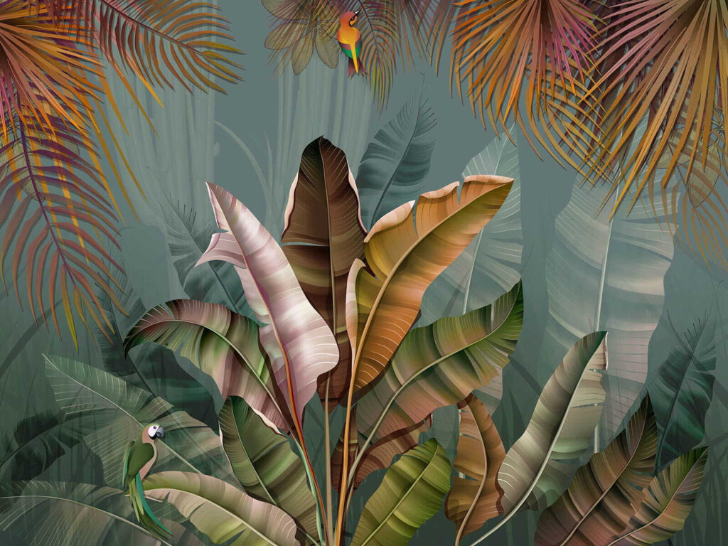 Hojas tropicales sobre gris — diseño completo