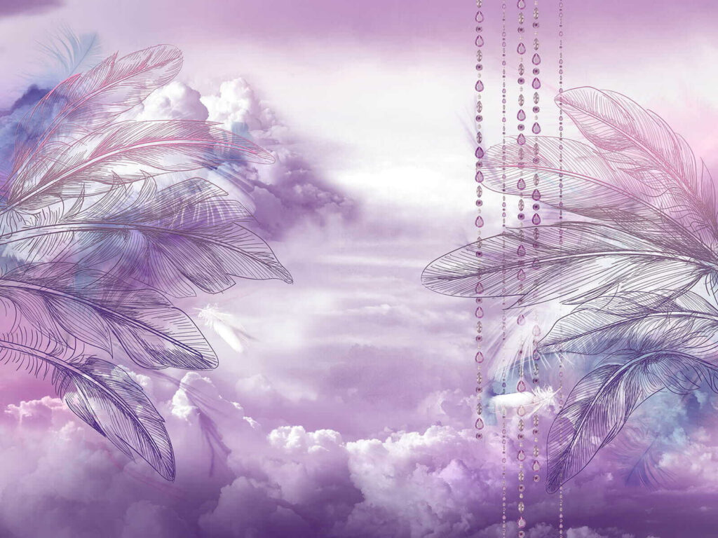 Columpio morado entre plumas — diseño completo