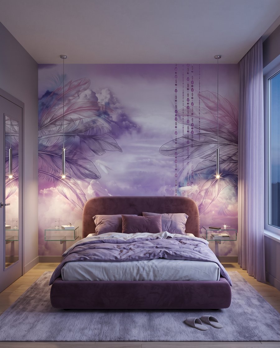 Columpio morado entre plumas — interior 4