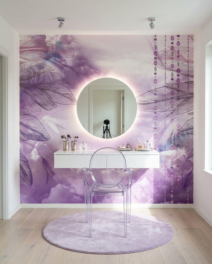 Columpio morado entre plumas — interior 8
