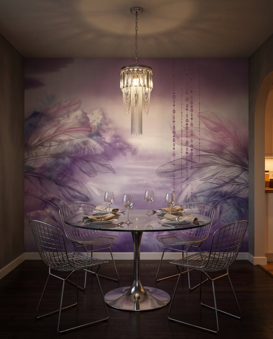 Columpio morado entre plumas — interior 10