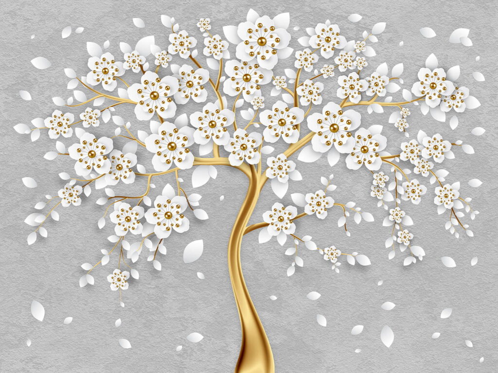 Flores blancas, rama dorada — diseño completo