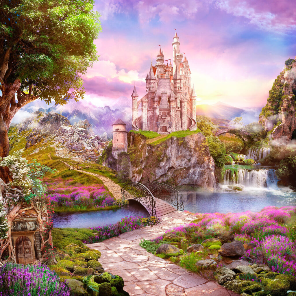 Castillo sobre cascada — diseño completo
