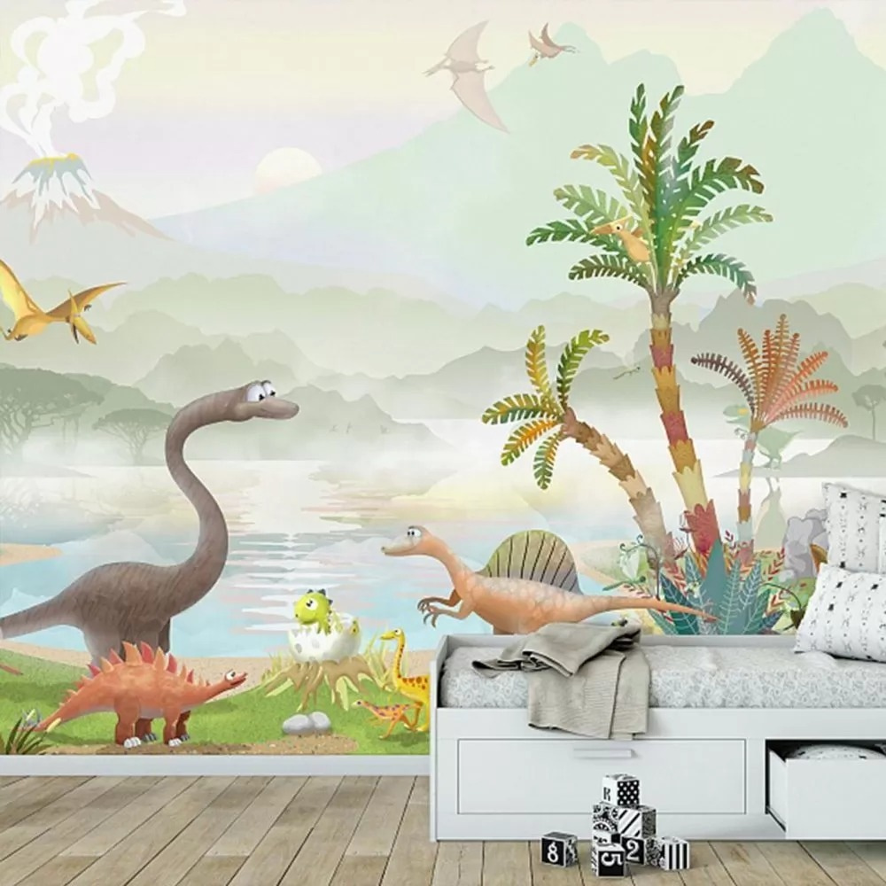 Dinosaurios y lago tropical en un interior