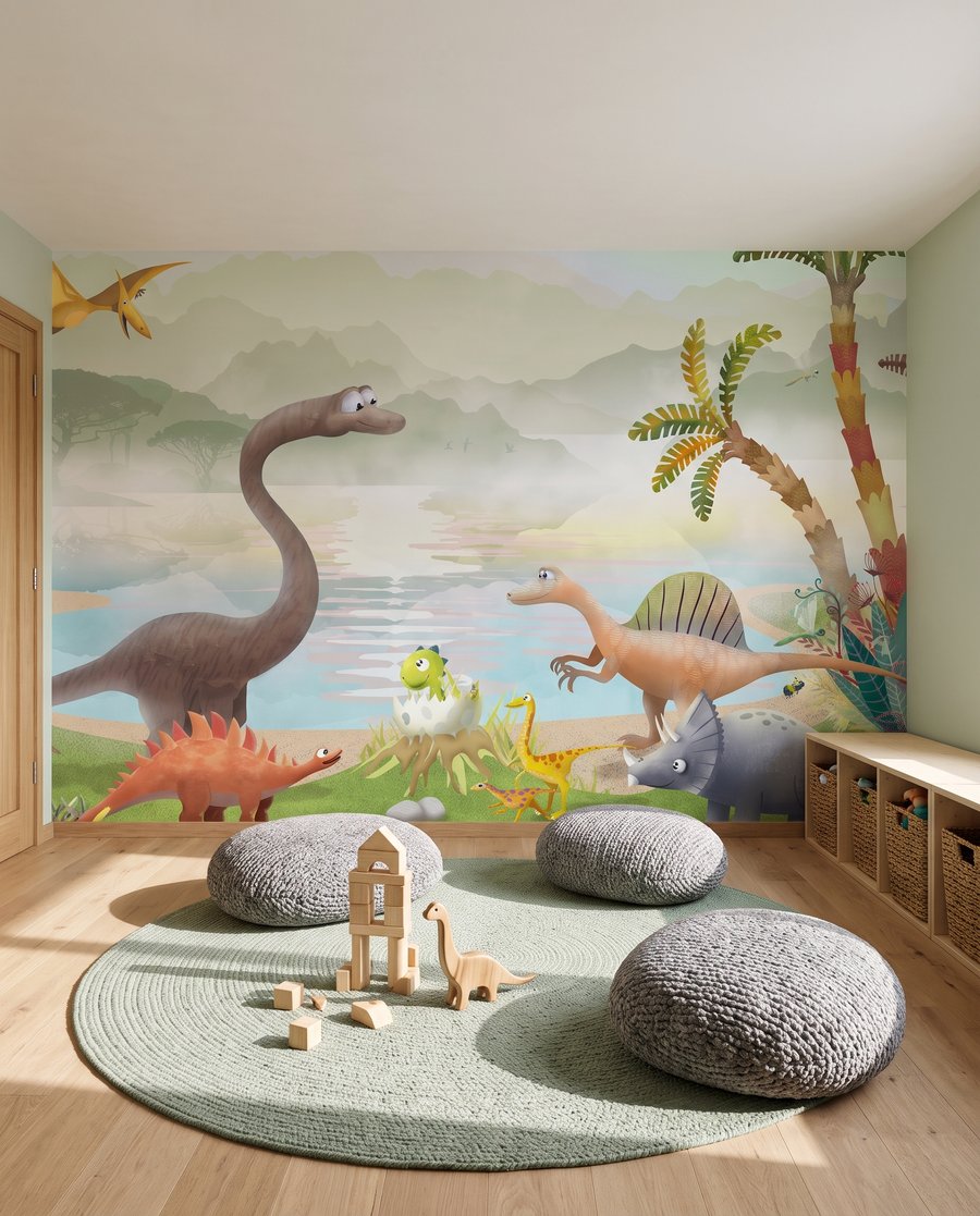 Dinosaurios y lago tropical en un interior