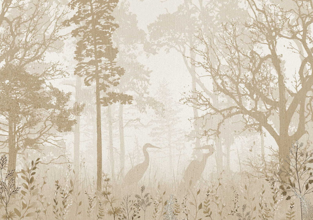 Garza en bosque brumoso — diseño completo