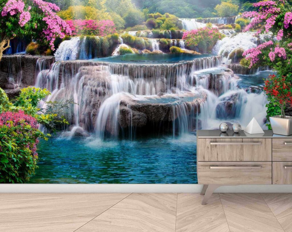 Cascada entre arbustos rosas — interior 9
