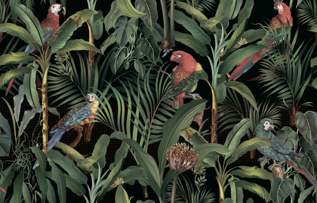Loros entre ramas oscuras — diseño completo