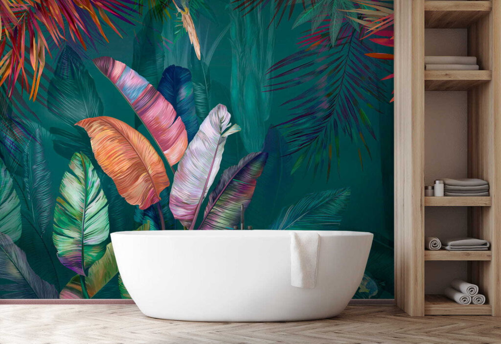 Hojas tropicales intensas en un interior