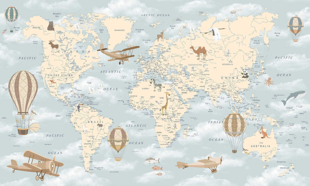 Mapa mundial entre nubes — diseño completo