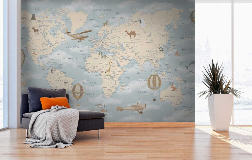 Mapa mundial entre nubes en un interior