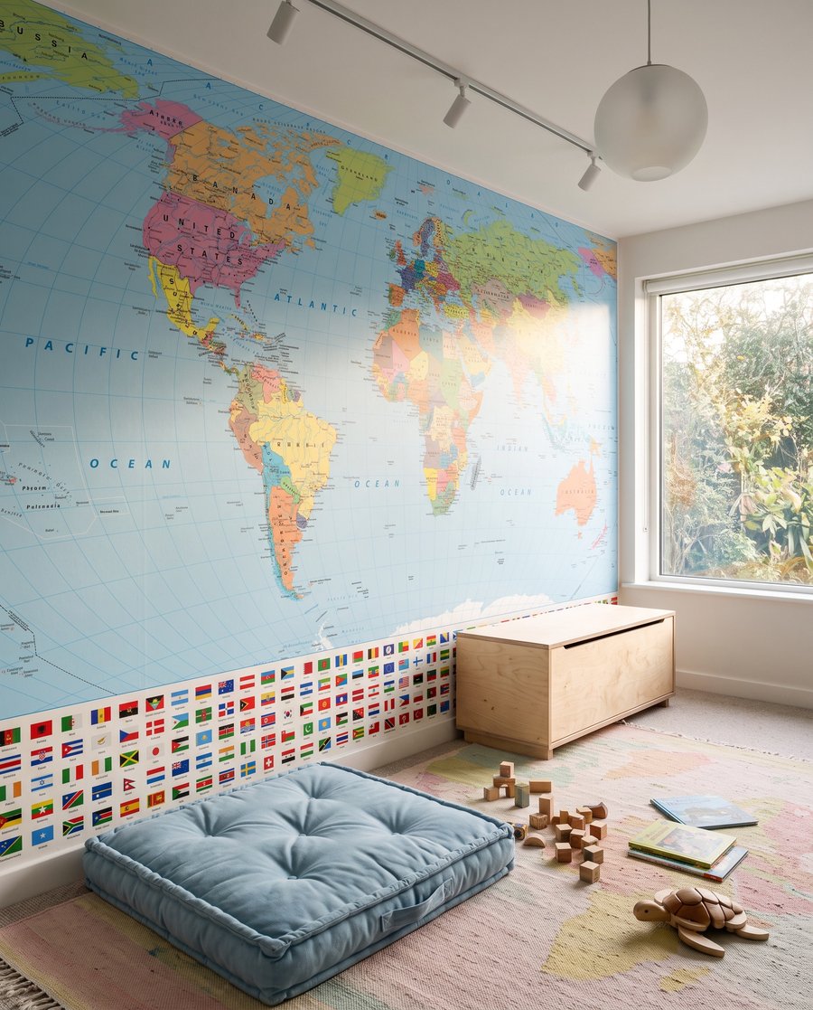 Mundo lleno de banderas en un interior