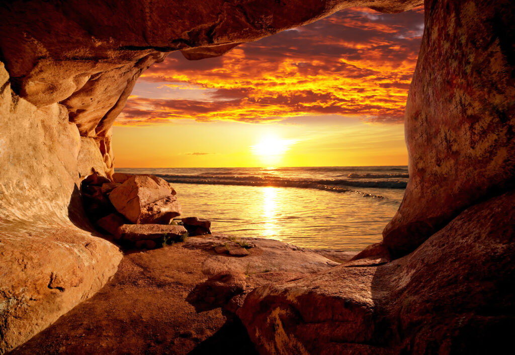 Atardecer en gruta marina — diseño completo