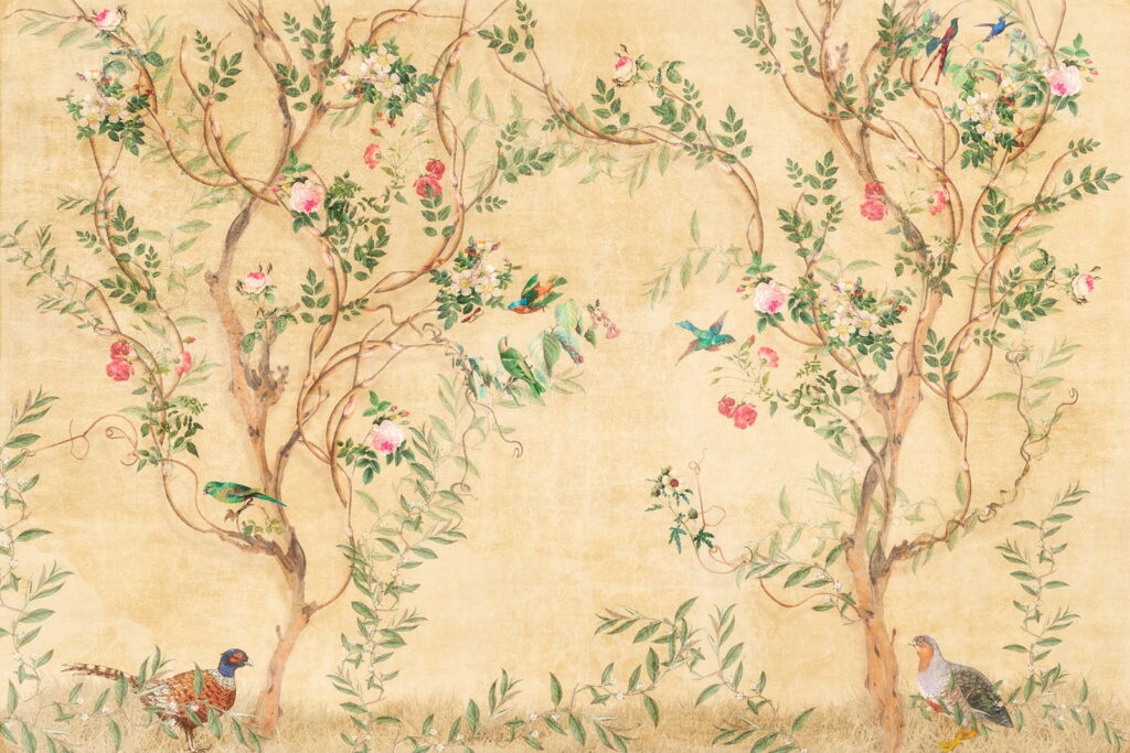 Aves entre ramas floridas — diseño completo