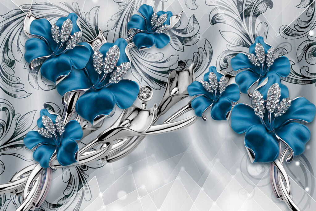 Orquídeas azules entre volutas — diseño completo