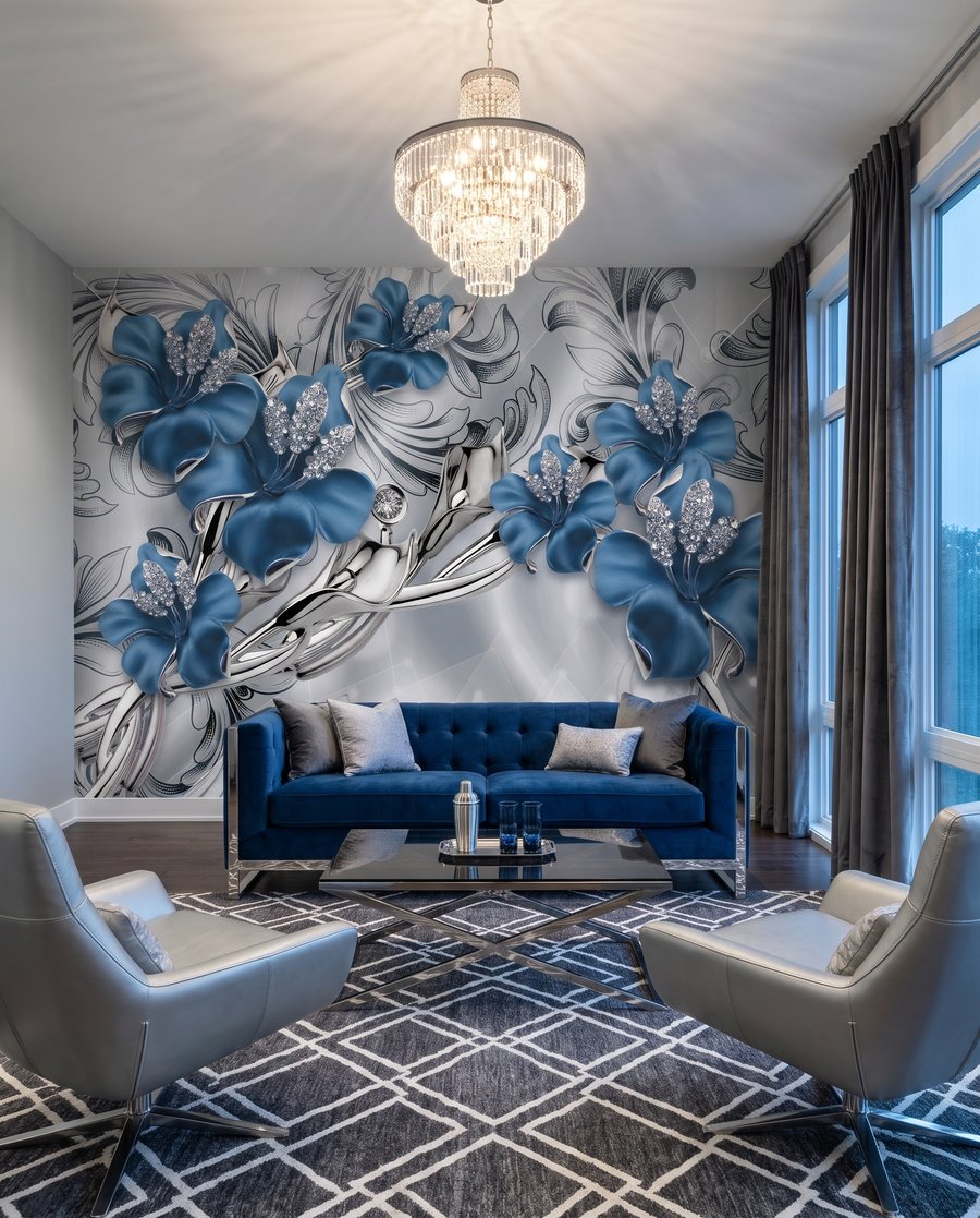 Orquídeas azules entre volutas en un interior
