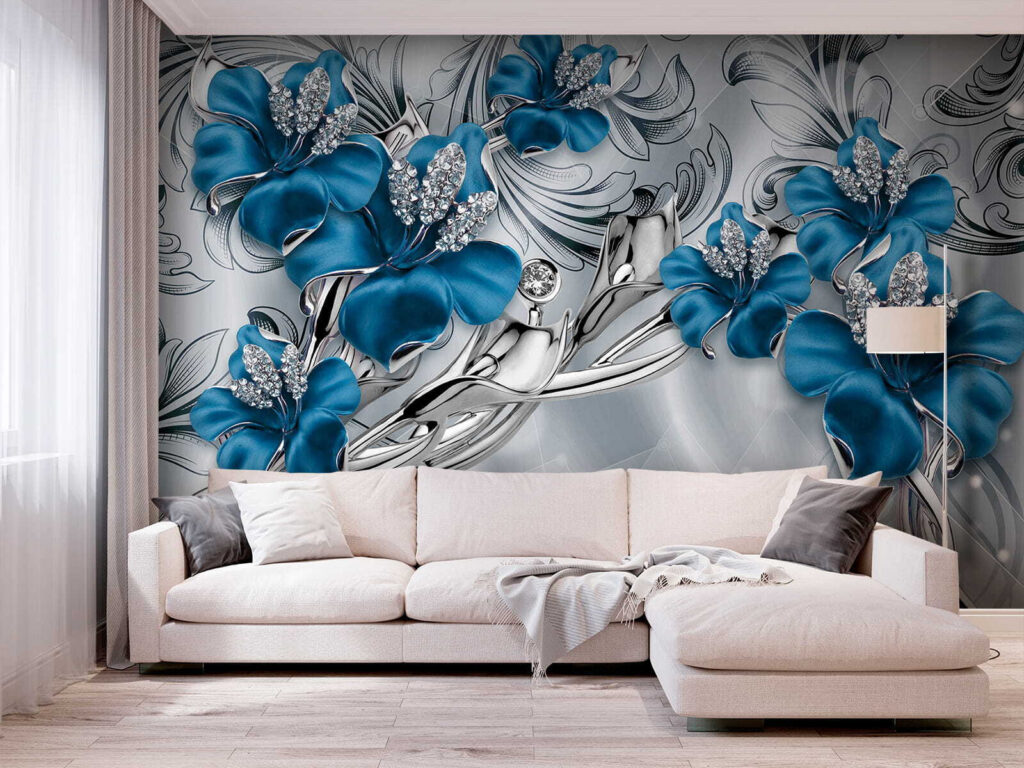 Orquídeas azules entre volutas en un interior