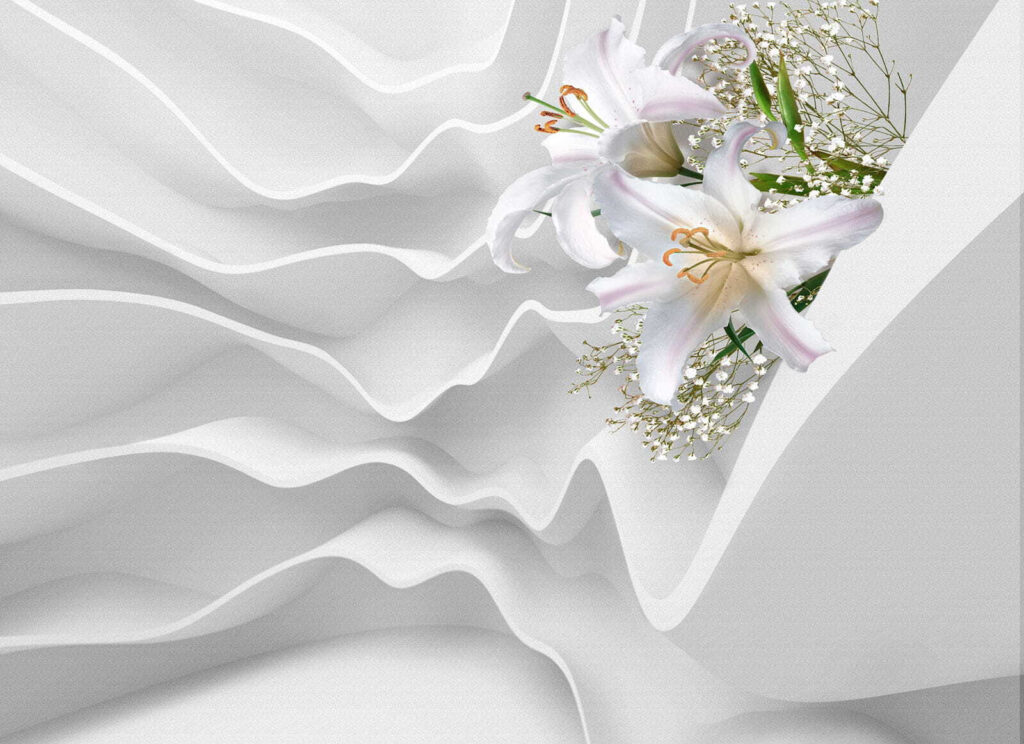 Lirios entre olas blancas — diseño completo