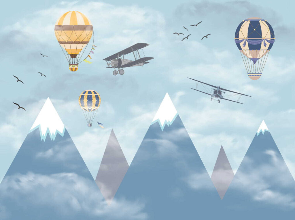 Globos sobre cumbres nevadas — diseño completo