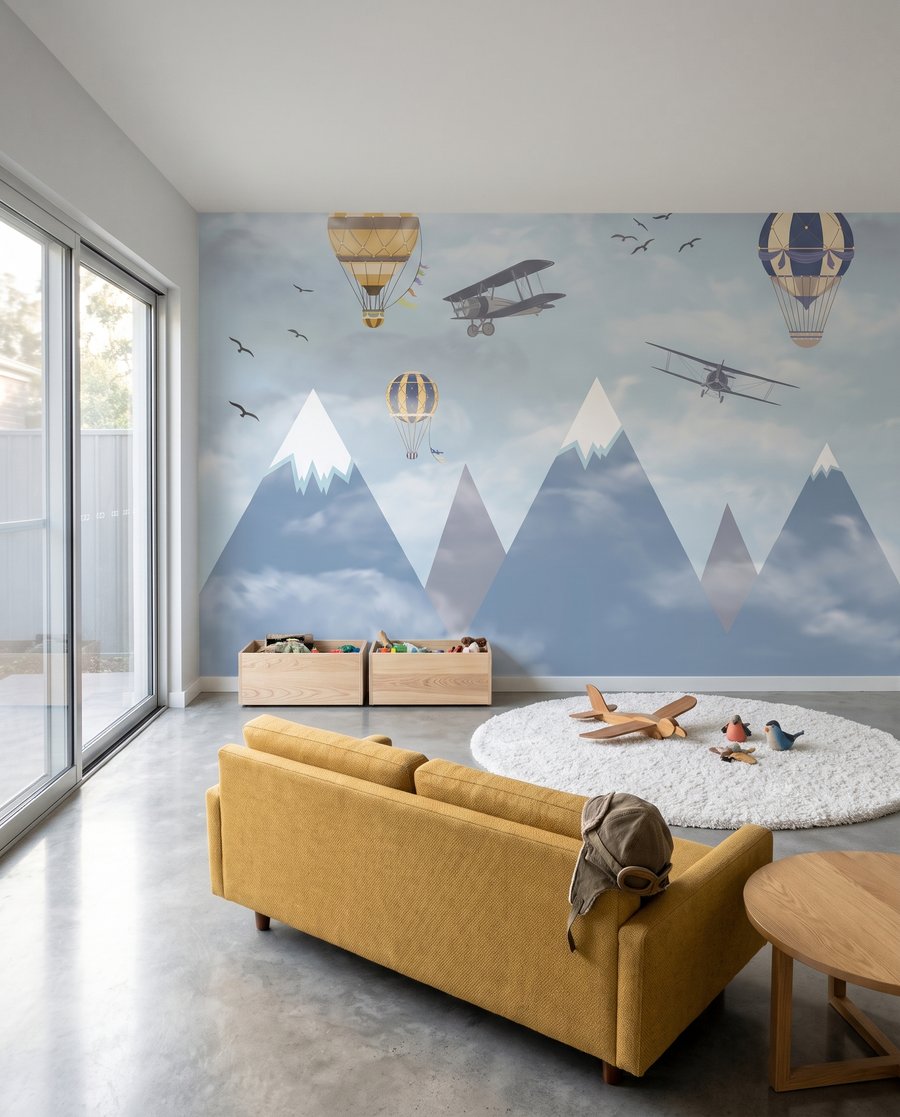 Globos sobre cumbres nevadas en un interior