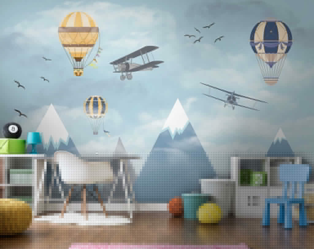 Globos sobre cumbres nevadas en un interior