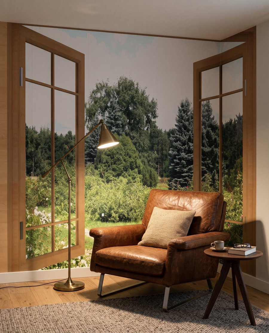 Ventana sobre el jardín en un interior