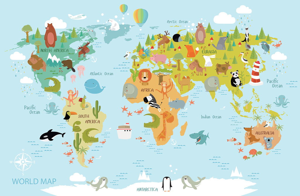 Mapa mundial con animales — diseño completo