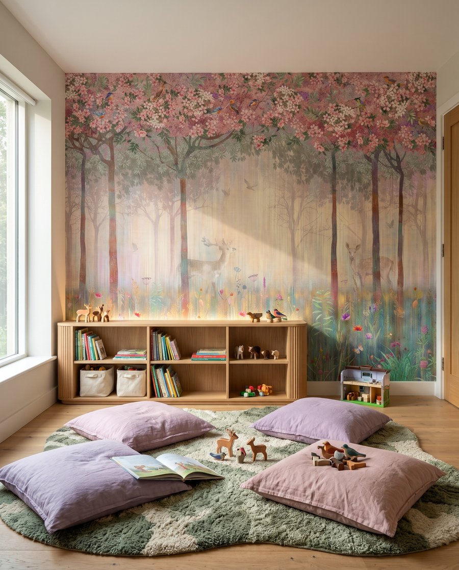 Ciervo en bosque florido en un interior