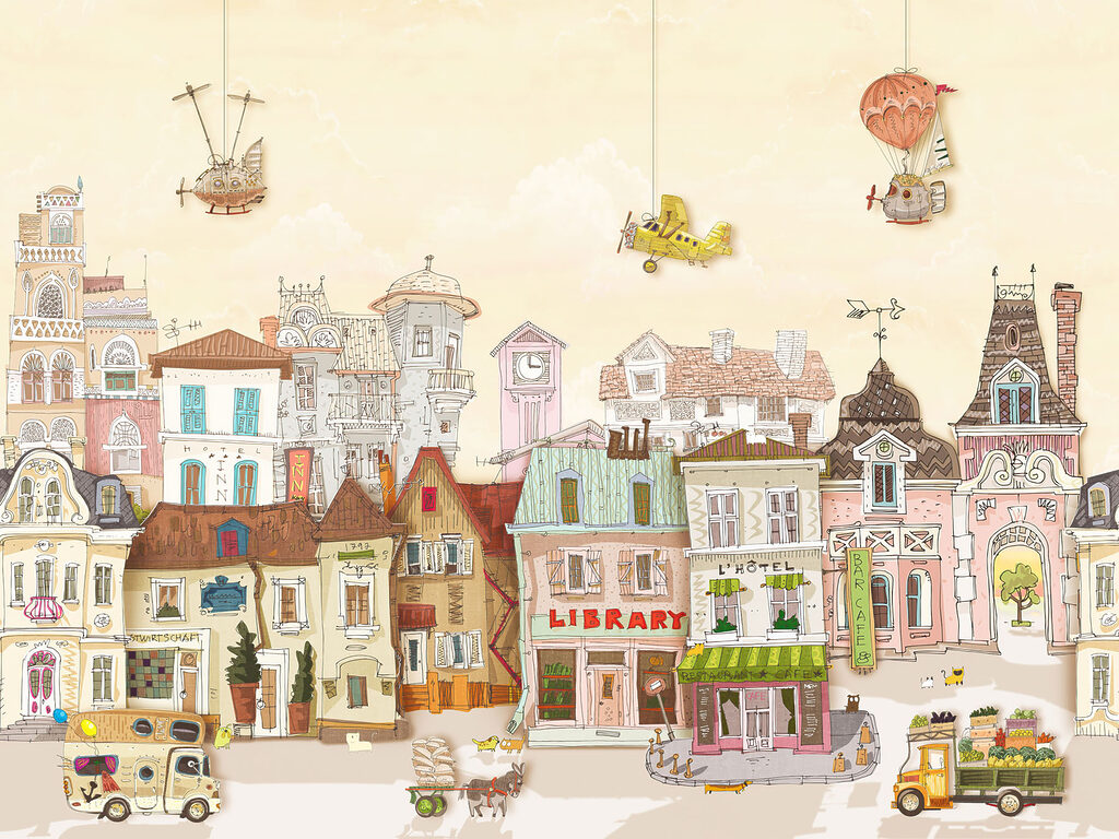 Casas coloridas y globos — diseño completo